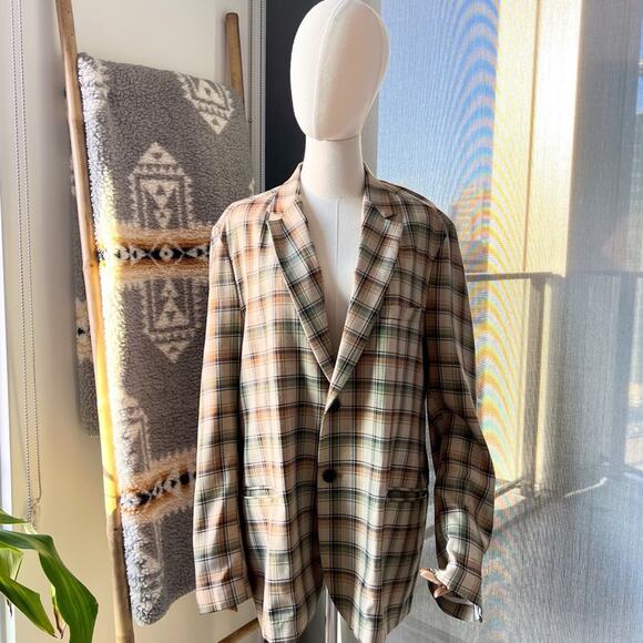Haleine Jackets & Blazers - Haleine Beige Multi Plaid Long Sleeve 2 Button Front Oversized Wool Blazer
